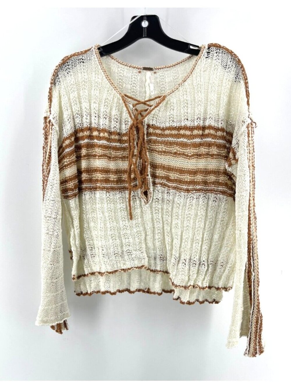 Free People Women's Striped Long Sleeve Loose Knit Sweater Top Lace Neck Size XS